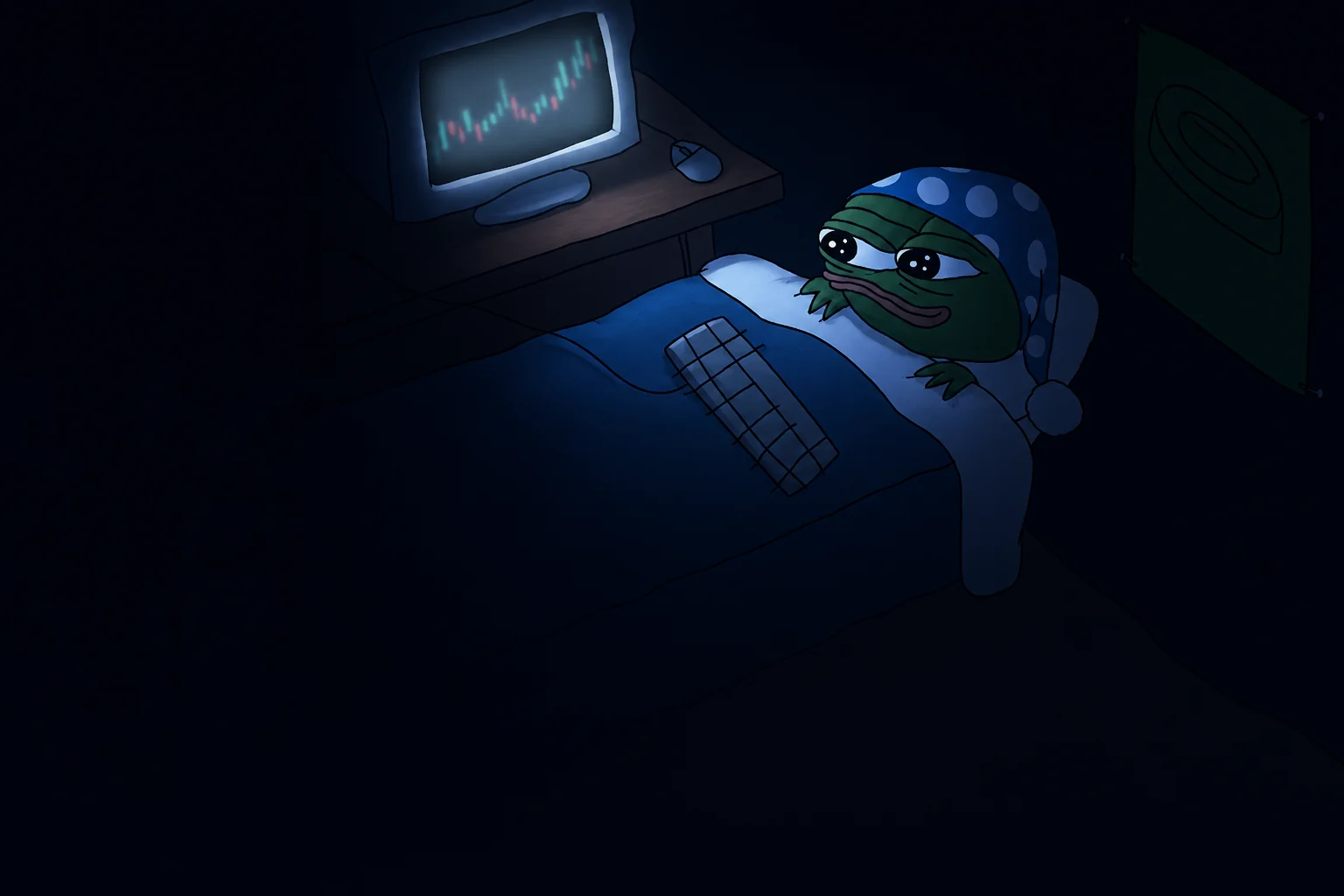 A cartoon frog in a nightcap asleep in bed, lit only by the candle chart still running on the monitor beside him
